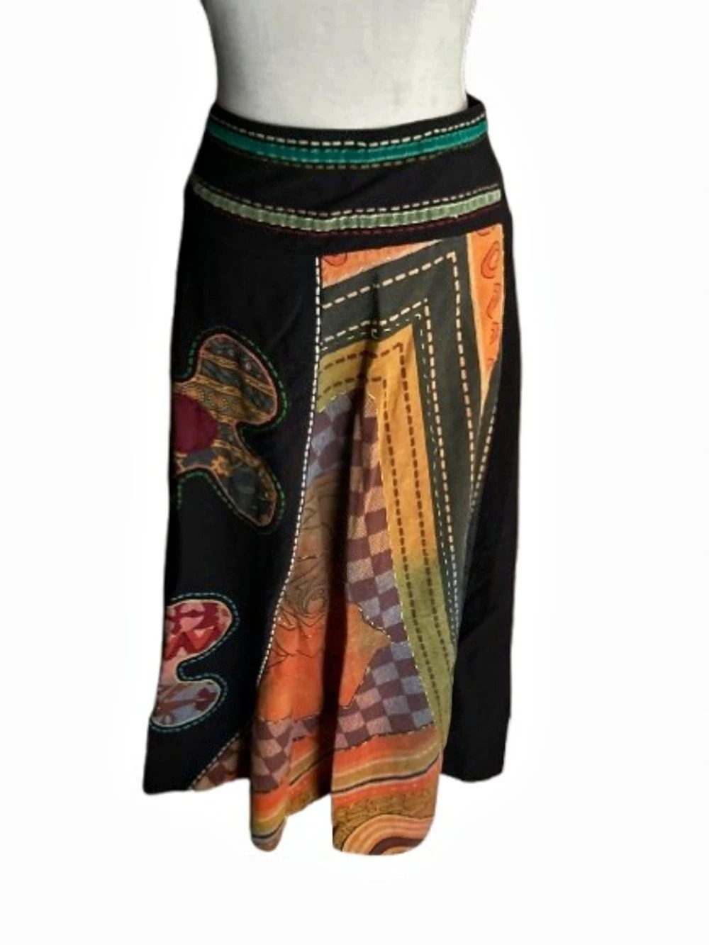 100% Fall Bohemian THAITEE Skirt Boho Floral Patchwork Embroidered Small Midi